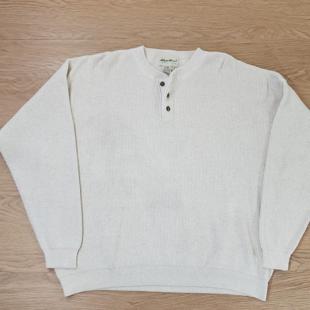 Vintage Oatmeal Eddie Bauer Henley Pullover 100% Cotton Ribbed Knit Sweater L